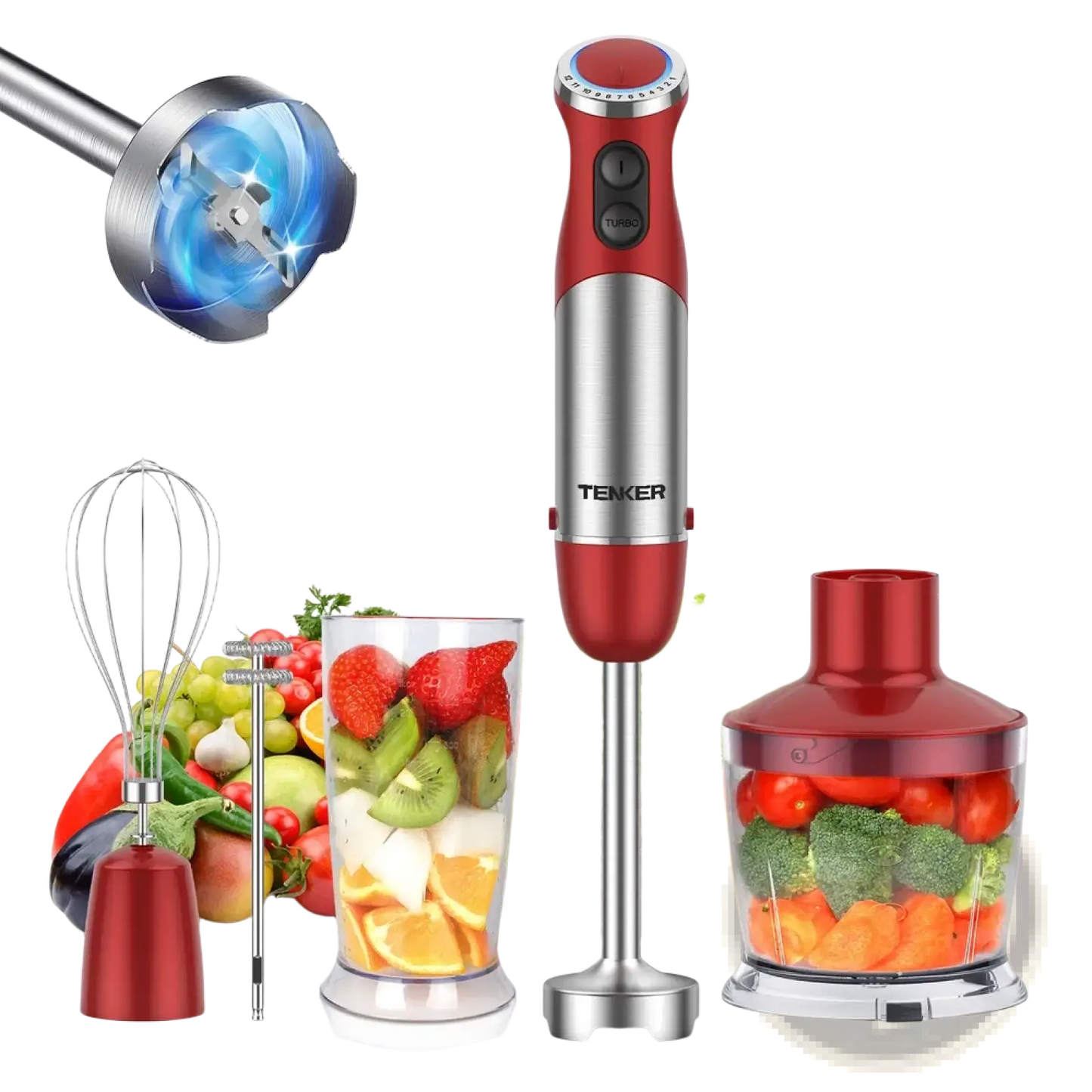Immersion Blender 1000w 5-in-1 Handheld Set Red