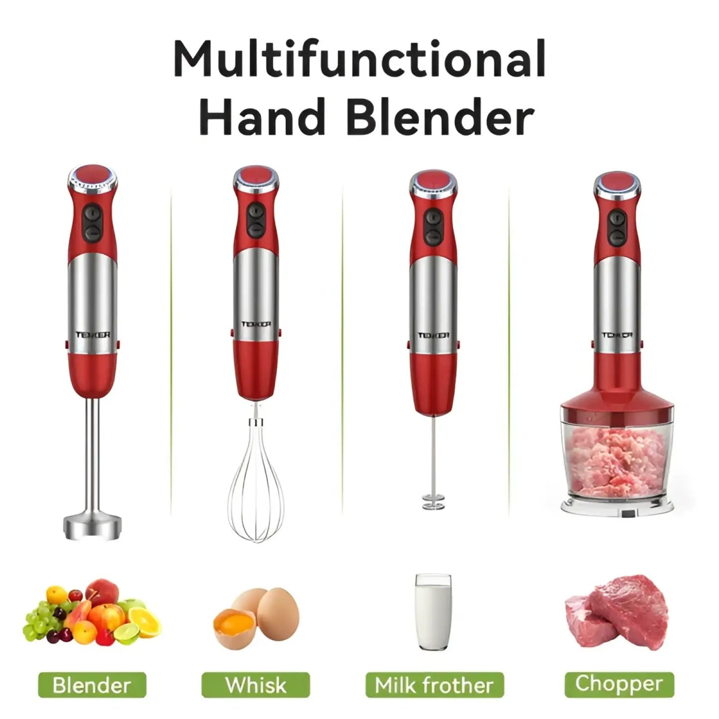 Immersion Blender 1000w 5-in-1 Handheld Set Red