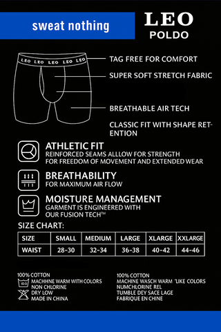 3-Pack LEO Poldo Men’s Performance Boxer Briefs – Breathable 100% Cotton Stretch Boxer Briefs with Comfort Waistband – Black, Gray, Navy