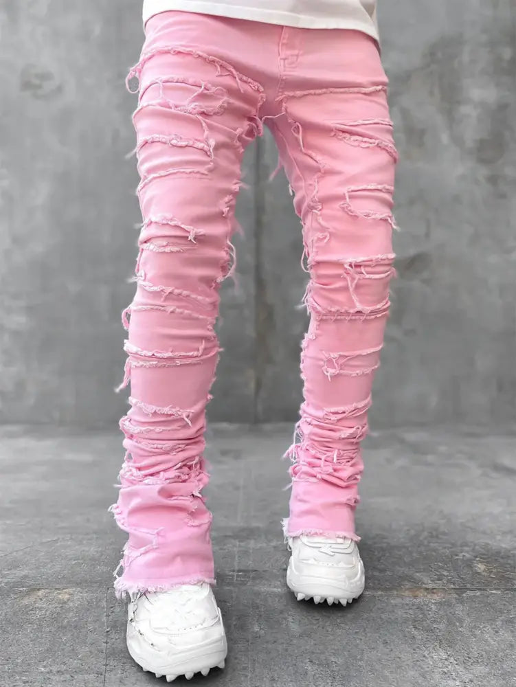 Men's Slim Fit Stacked Ripped Patchwork Streetwear Jeans