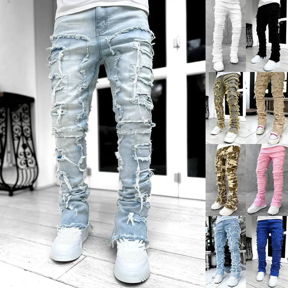 Men's Slim Fit Stacked Ripped Patchwork Streetwear Jeans