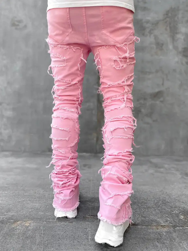 Men's Slim Fit Stacked Ripped Patchwork Streetwear Jeans