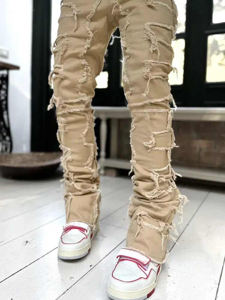 Men's Slim Fit Stacked Ripped Patchwork Streetwear Jeans