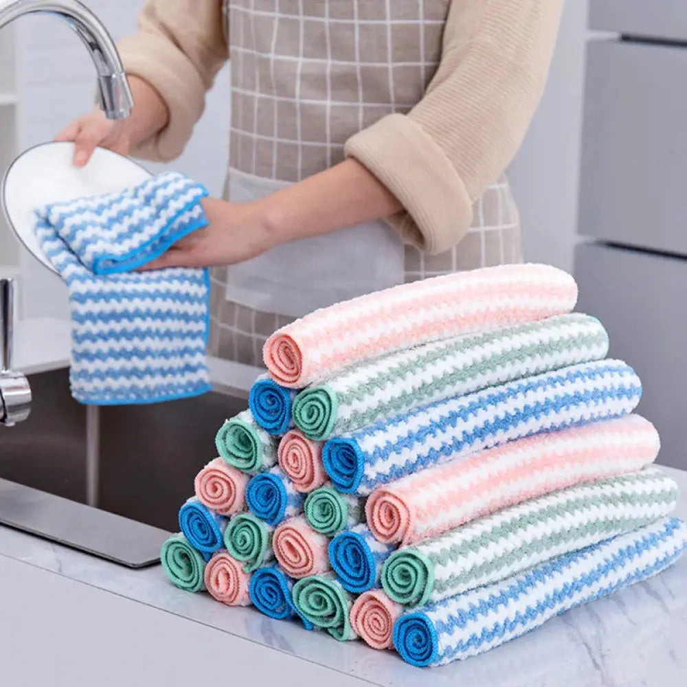 Super Absorbent Striped Coral Fleece Kitchen Cleaning Cloths