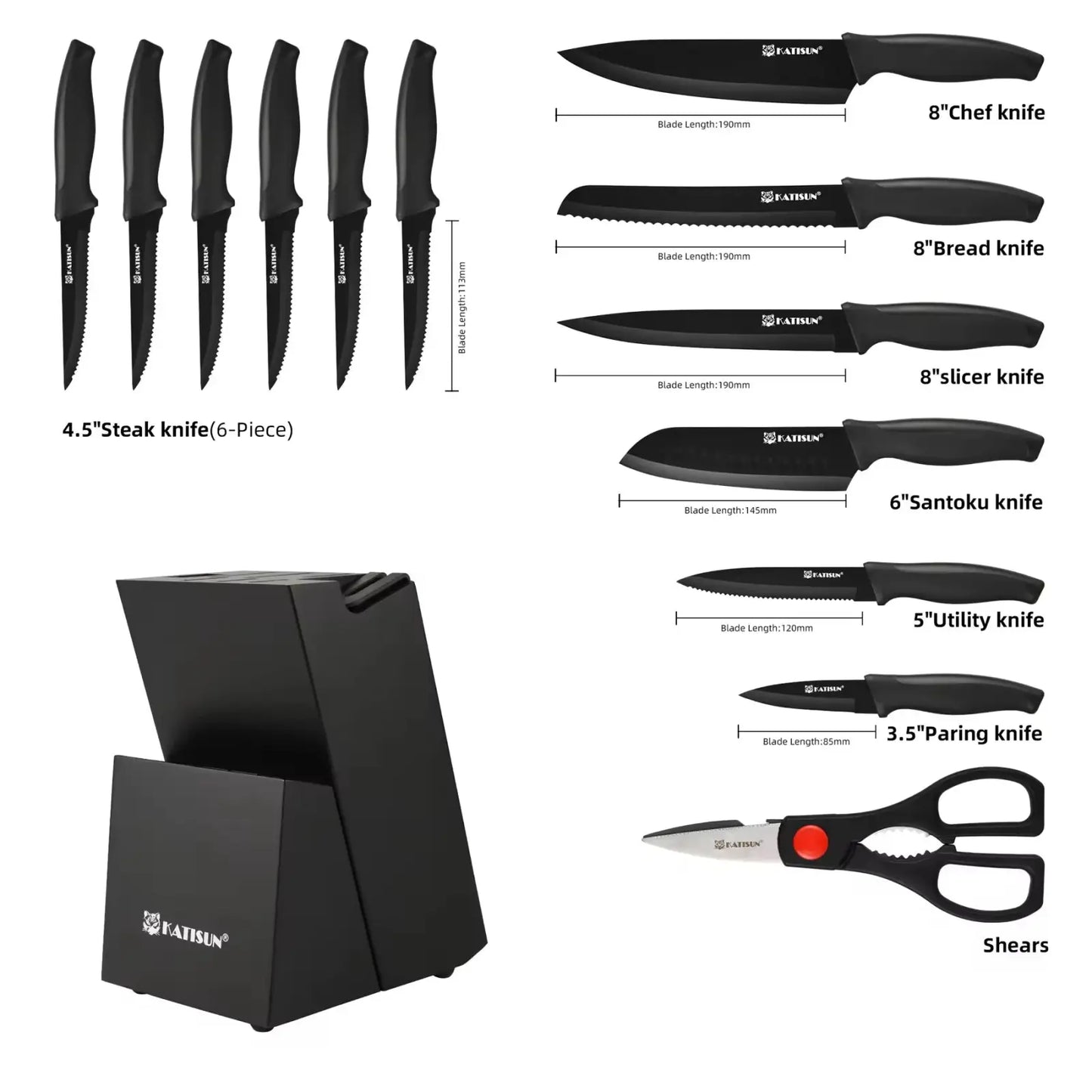 Kitchen Knife Set 15 Piece Carbon Steel with Sharpener