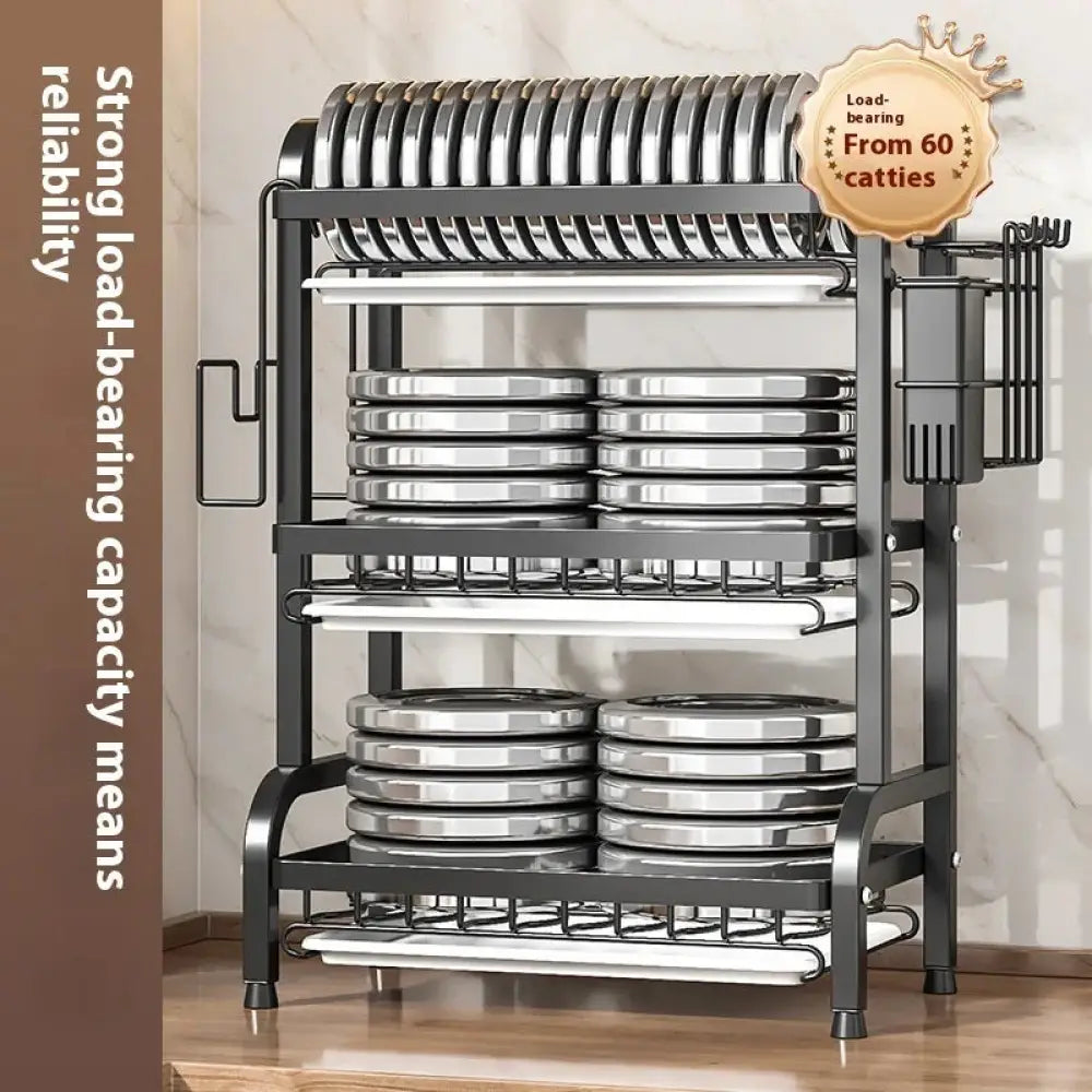 3-tier Black Metal Dish Rack with Marble Water Trays