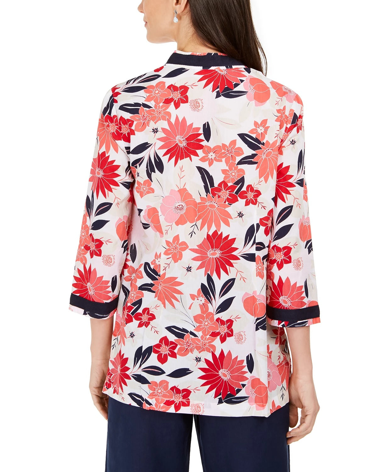 Charter Club Women's Contrast-Trim Printed Linen-Blend Top Red Size Small