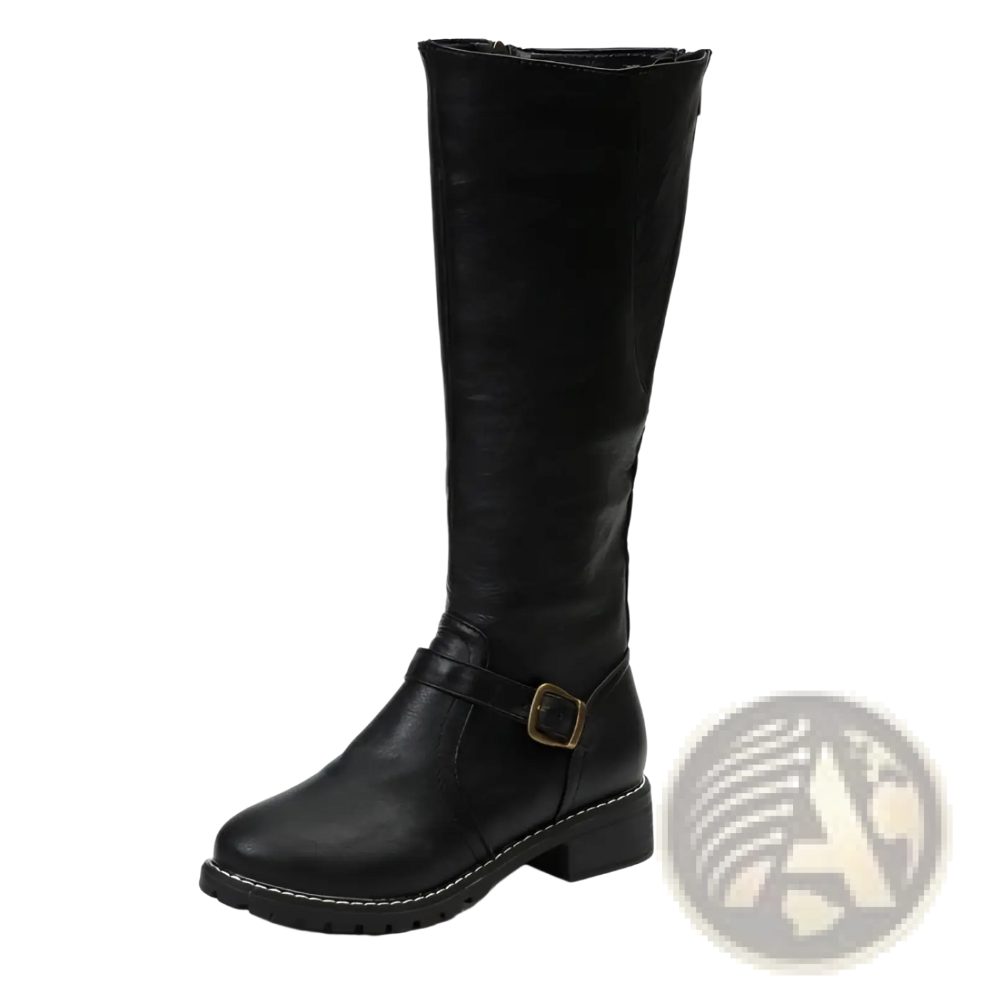 Knee High Knight Boots with Gold Buckle and Low Heel
