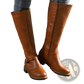 Knee High Knight Boots with Gold Buckle and Low Heel