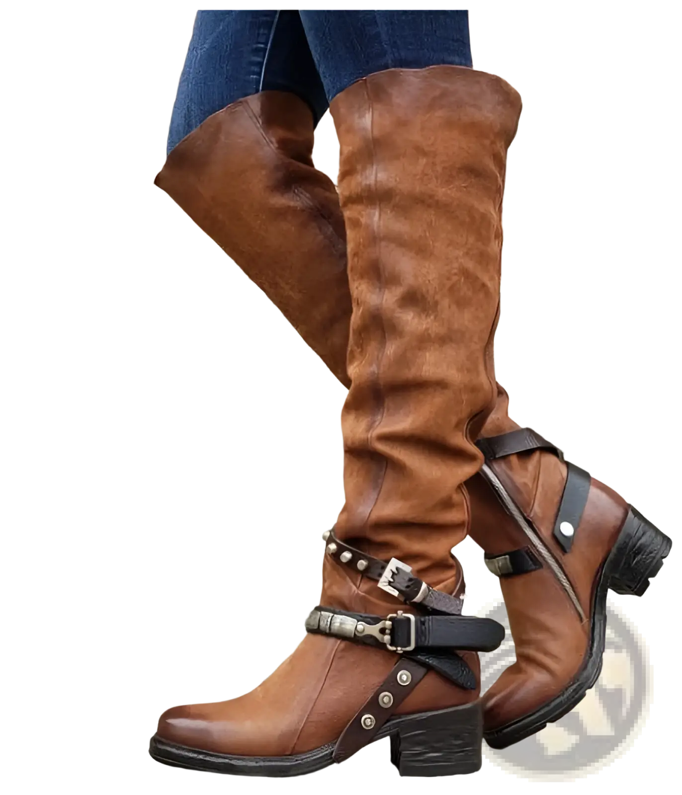 Knight Boots Women's Buckle Strap Chunky Heel Suede