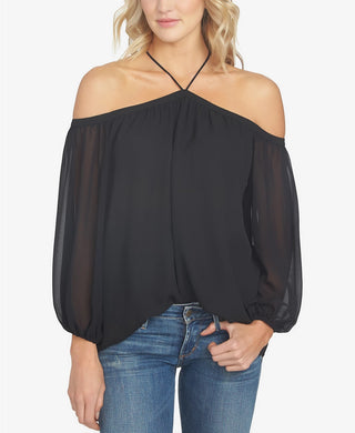1.STATE Women's Off the Shoulder Halter Neck Blouse Black
