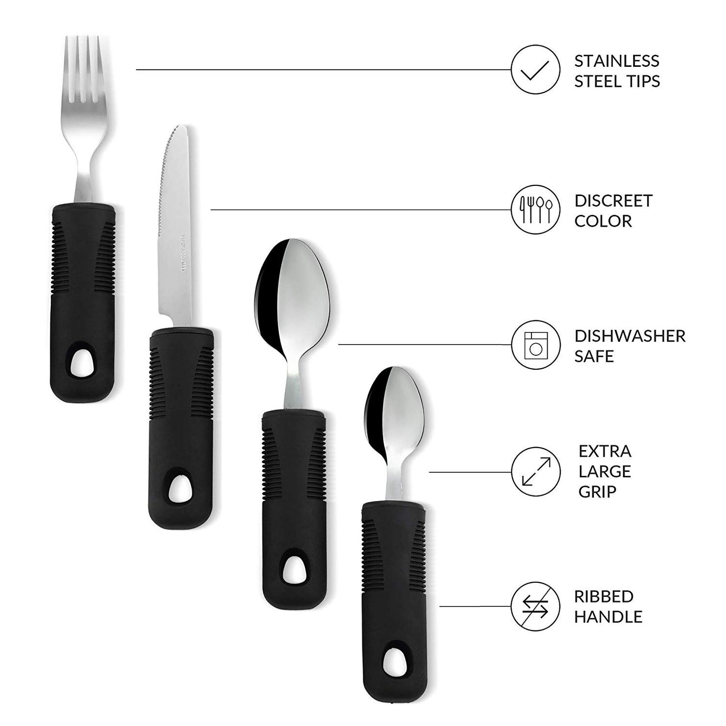 Homvare 4-Piece Kitchen Set, Adaptive Utensils with Wide, Non-Weighted, Non-Slip Handles for Hand Tremors