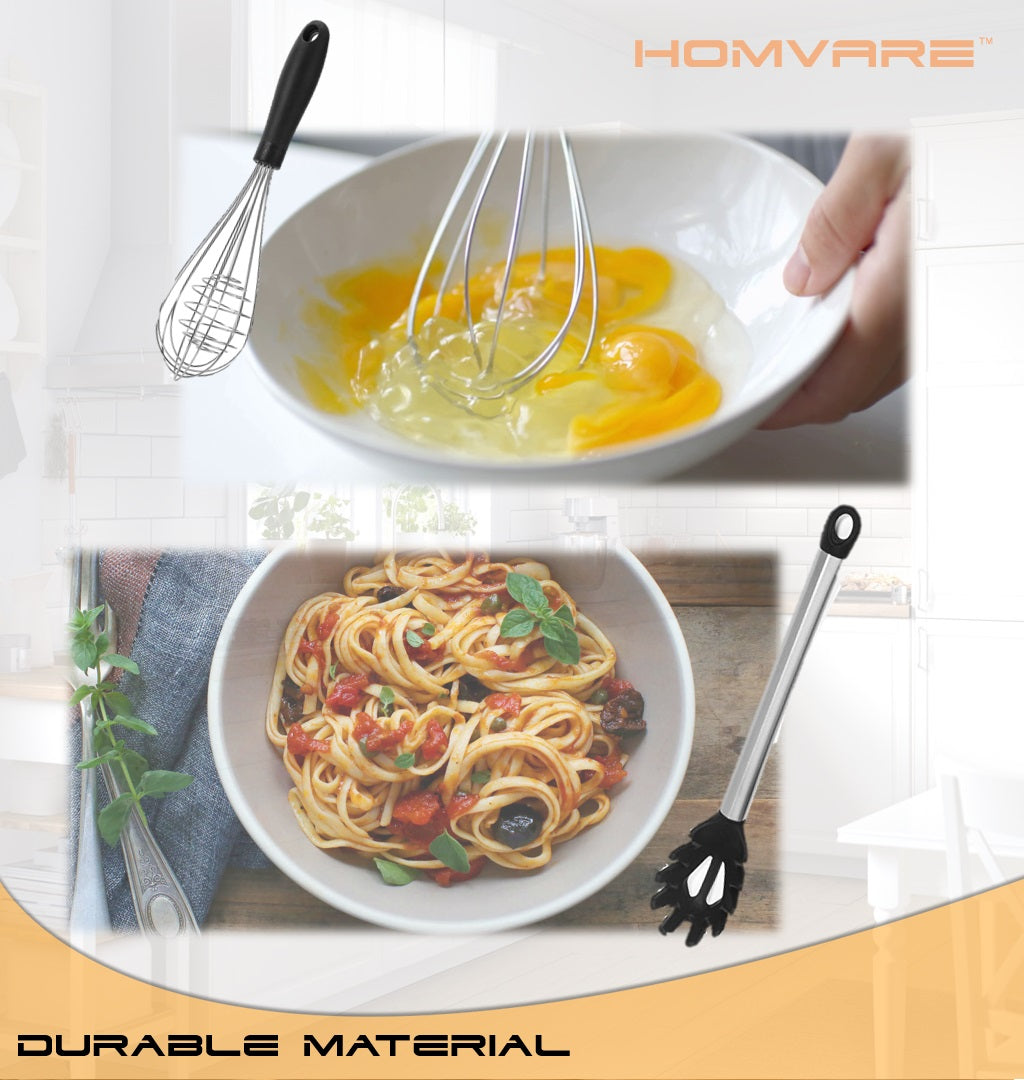 Homvare 8 Piece Stainless Steel BPA Free Silicone Kitchen Cooking Easy Grip Utensil Set Durable Material - Black