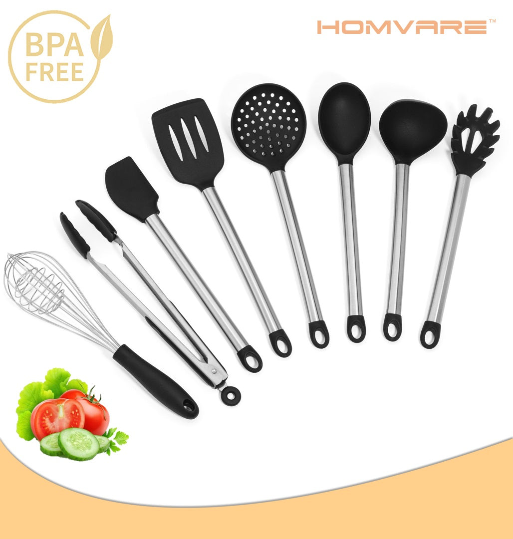 Homvare 8 Piece Stainless Steel BPA Free Silicone Kitchen Cooking Easy Grip Utensil Set Durable Material - Black