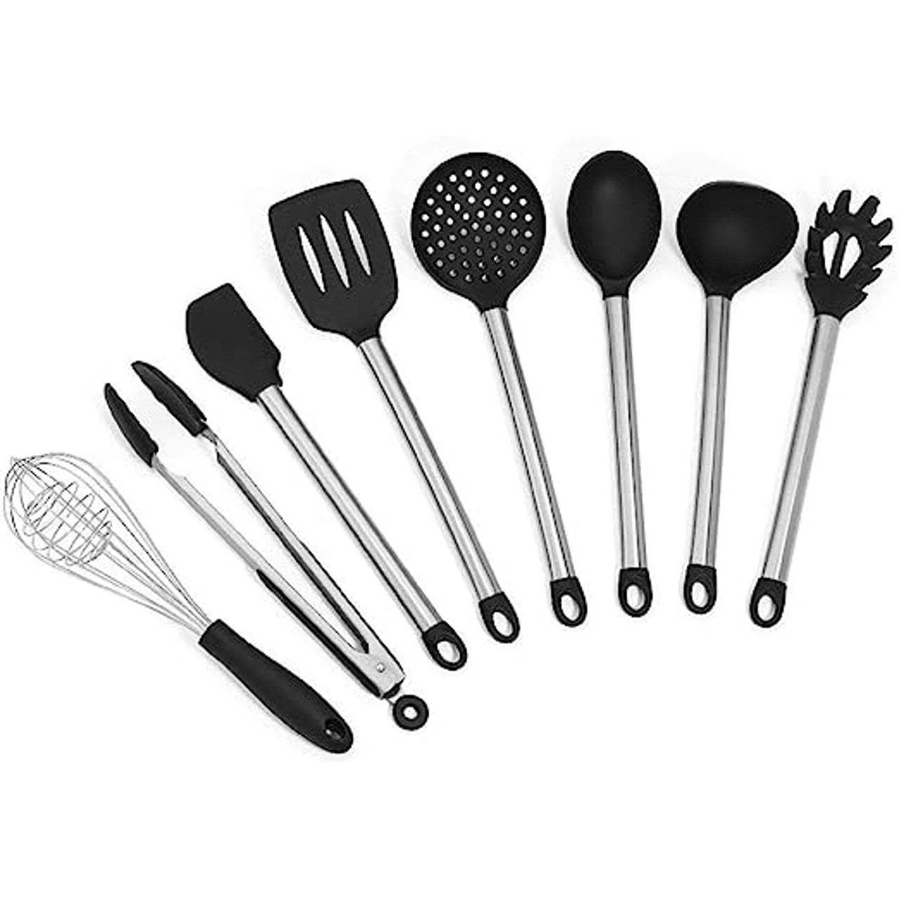 Homvare 8 Piece Stainless Steel BPA Free Silicone Kitchen Cooking Easy Grip Utensil Set Durable Material - Black