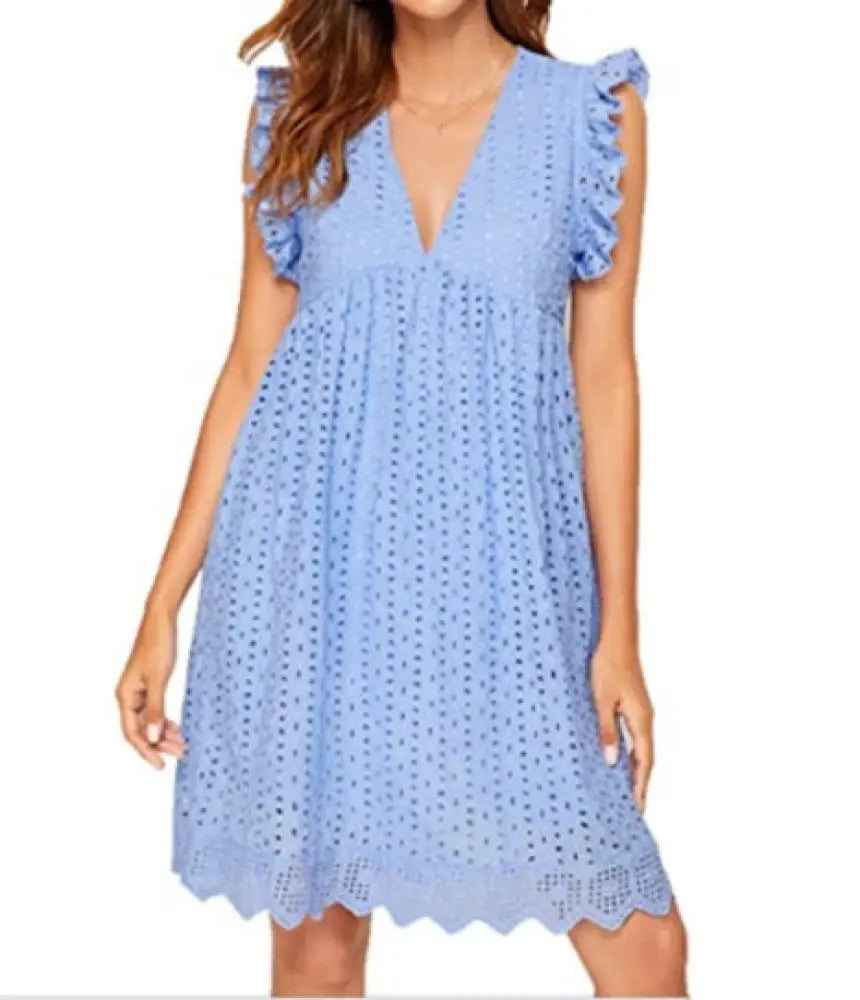 Lace Jacquard v Neck Eyelet Beach Dress with Pockets