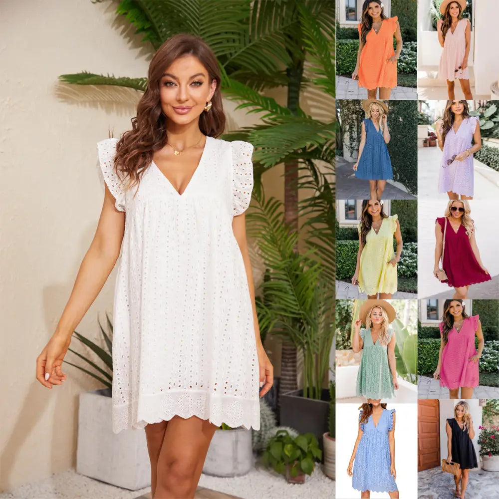 Lace Jacquard v Neck Eyelet Beach Dress with Pockets
