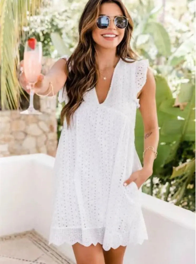 Lace Jacquard v Neck Eyelet Beach Dress with Pockets