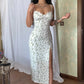 Lace Floral Print Satin Midi Dress with Side Slit