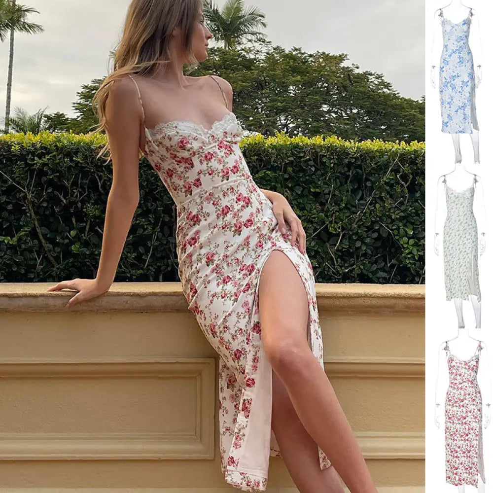 Lace Floral Print Satin Midi Dress with Side Slit