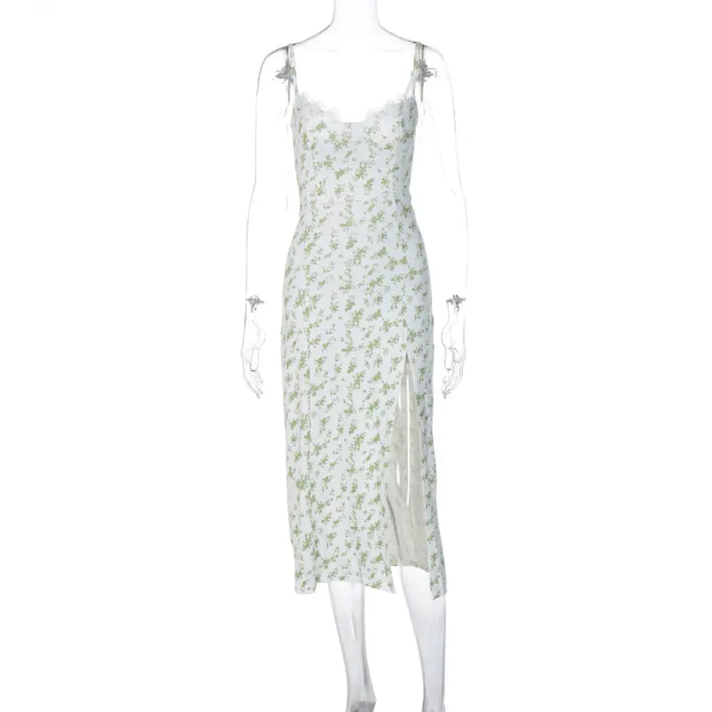 Lace Floral Print Satin Midi Dress with Side Slit