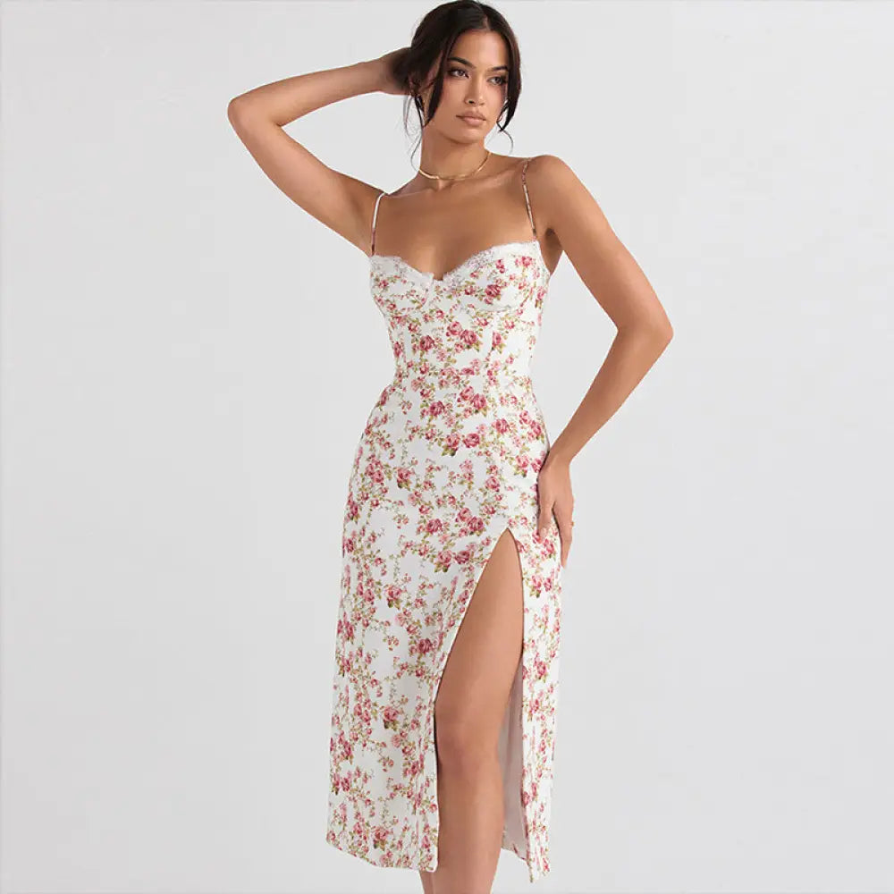 Lace Floral Print Satin Midi Dress with Side Slit