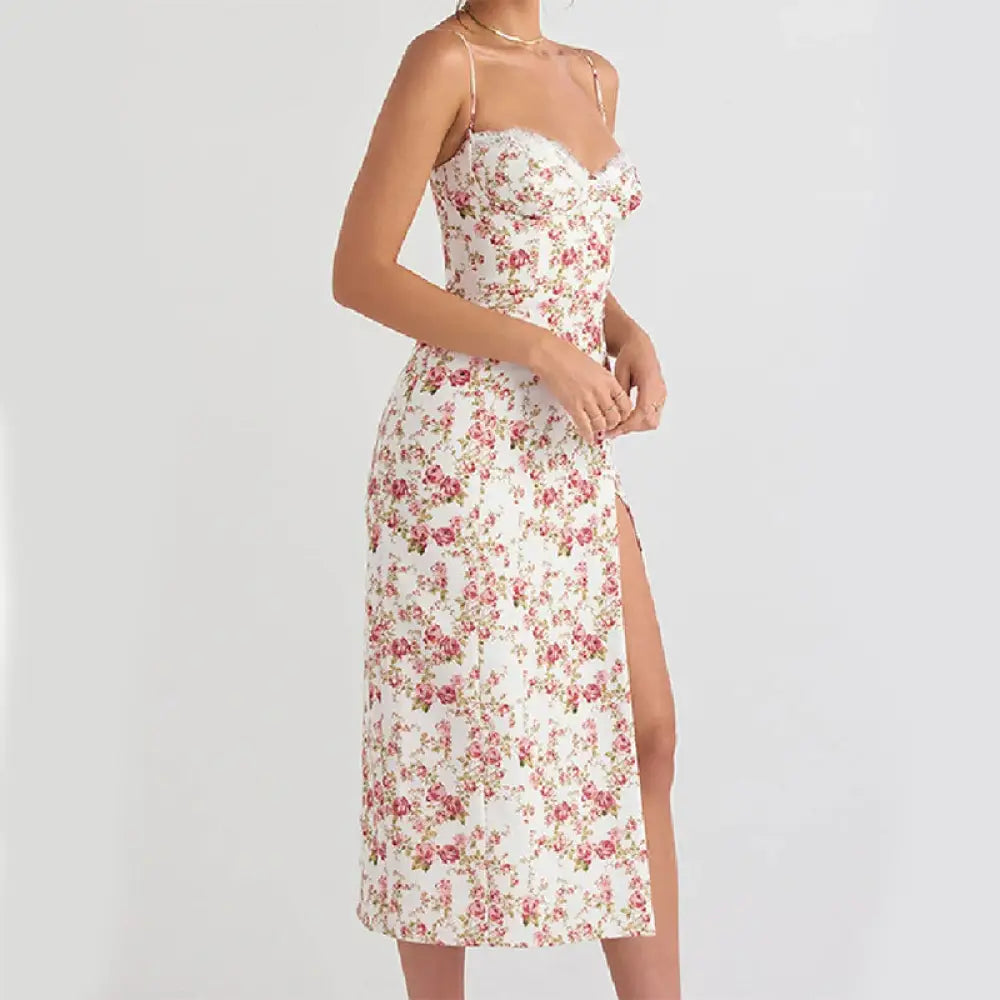 Lace Floral Print Satin Midi Dress with Side Slit