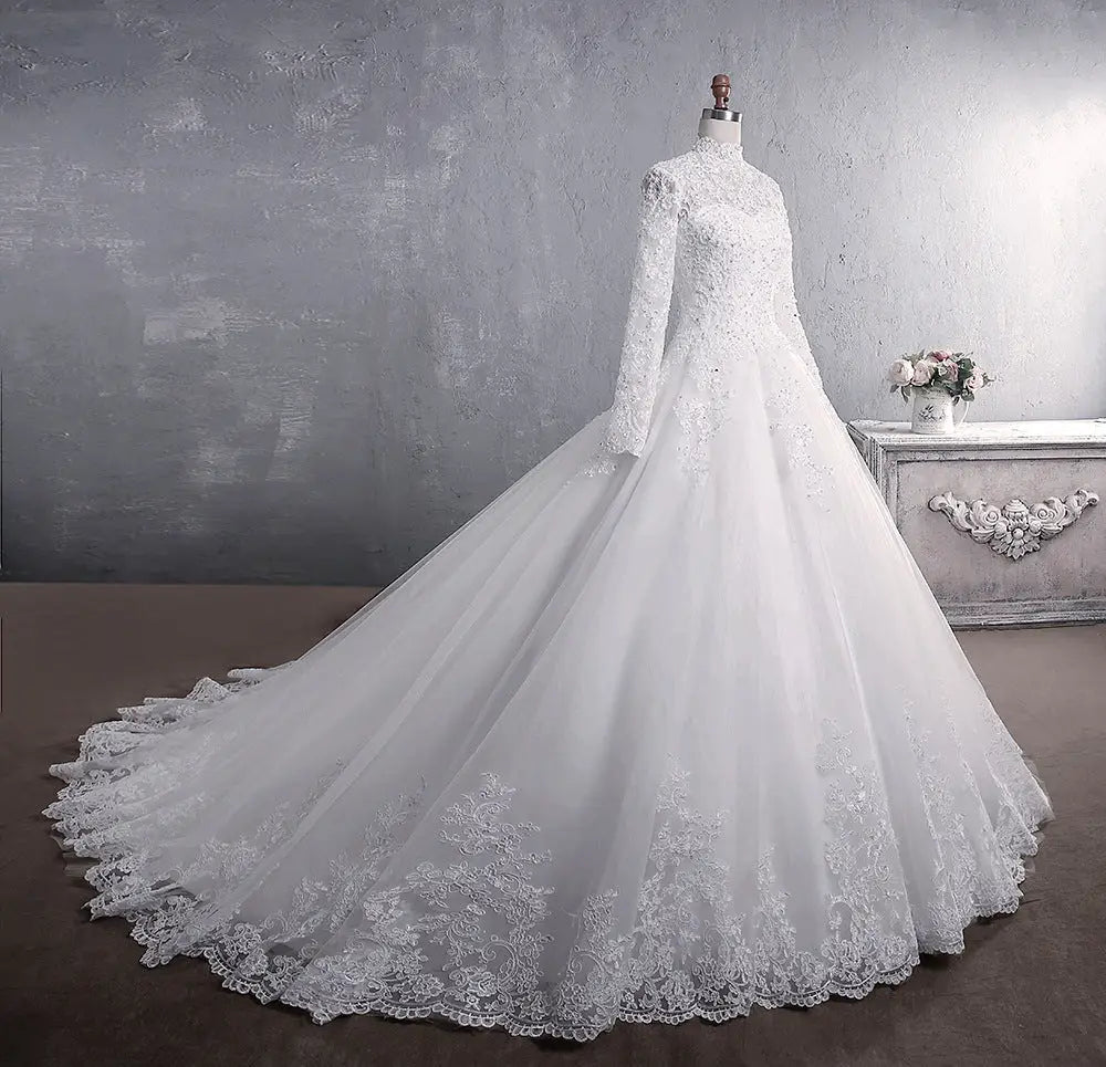 Embroidered Lace Stand Collar Wedding Gown with Train