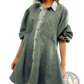 Lantern Sleeve Patch Pocket Denim Shirt Dress
