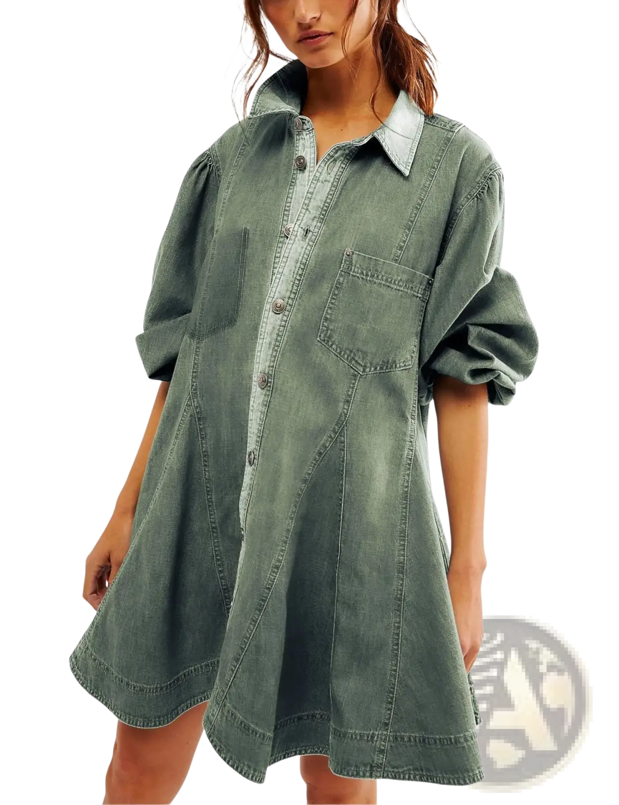 Lantern Sleeve Patch Pocket Denim Shirt Dress