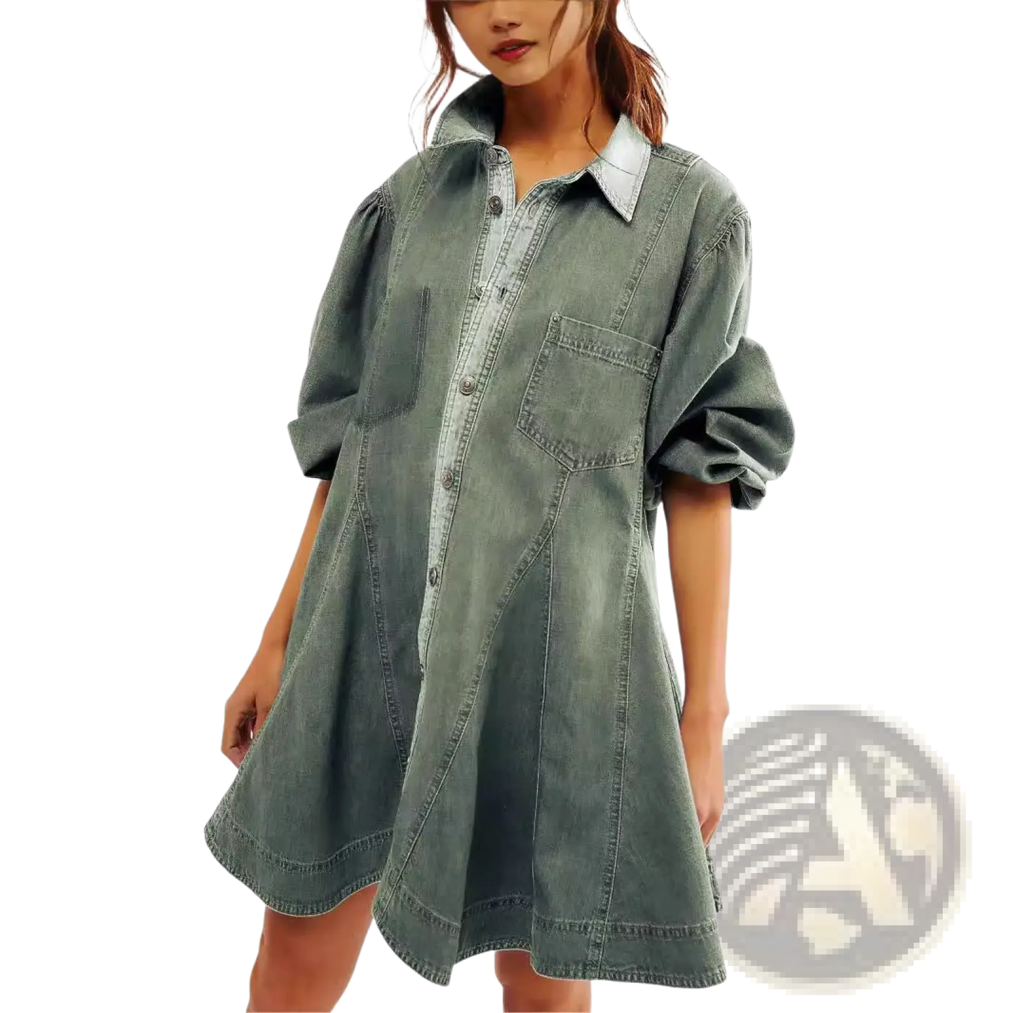 Lantern Sleeve Patch Pocket Denim Shirt Dress