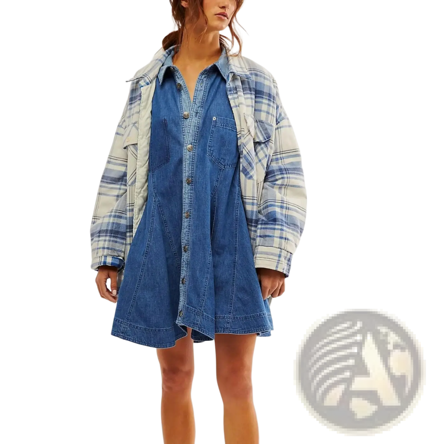 Lantern Sleeve Patch Pocket Denim Shirt Dress