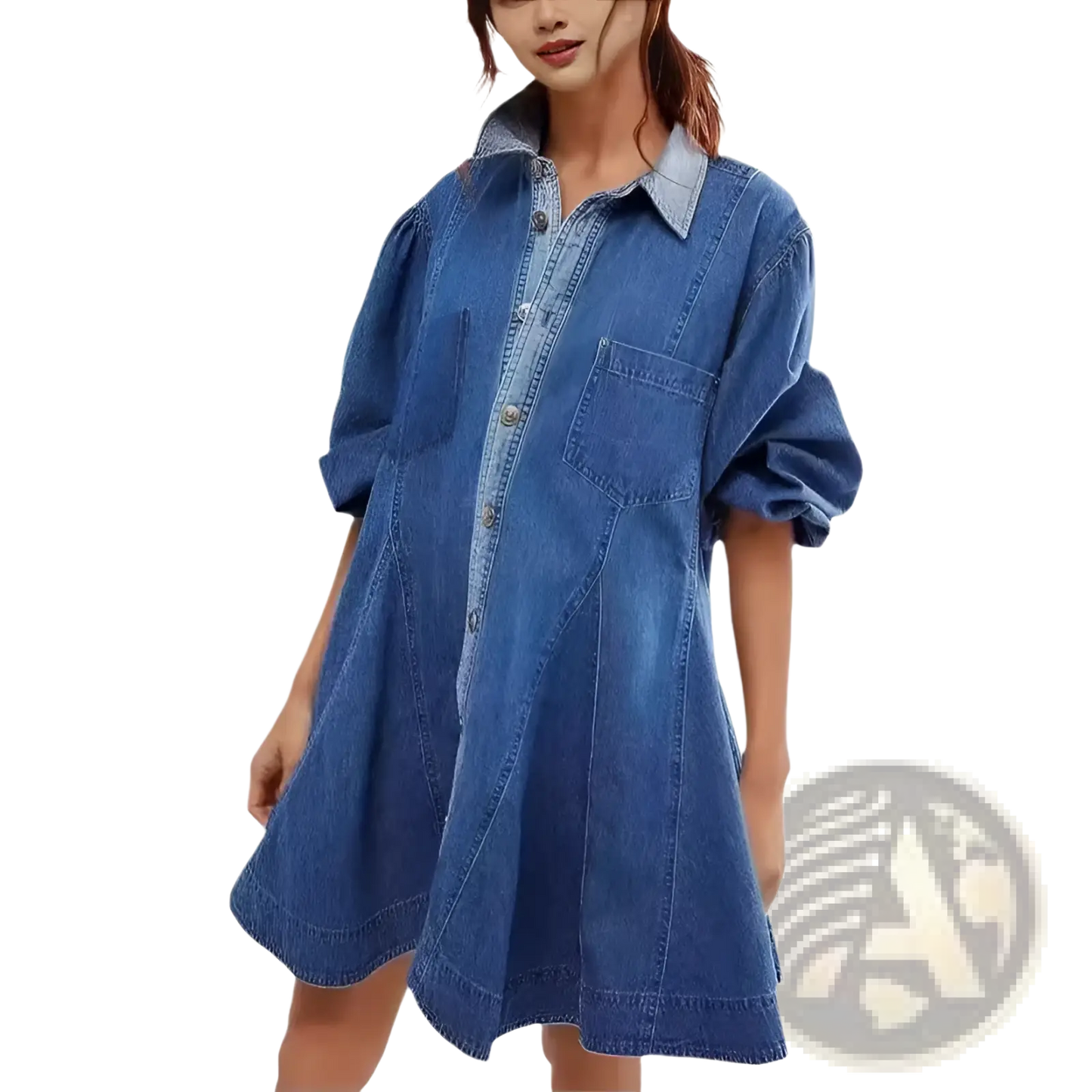 Lantern Sleeve Patch Pocket Denim Shirt Dress