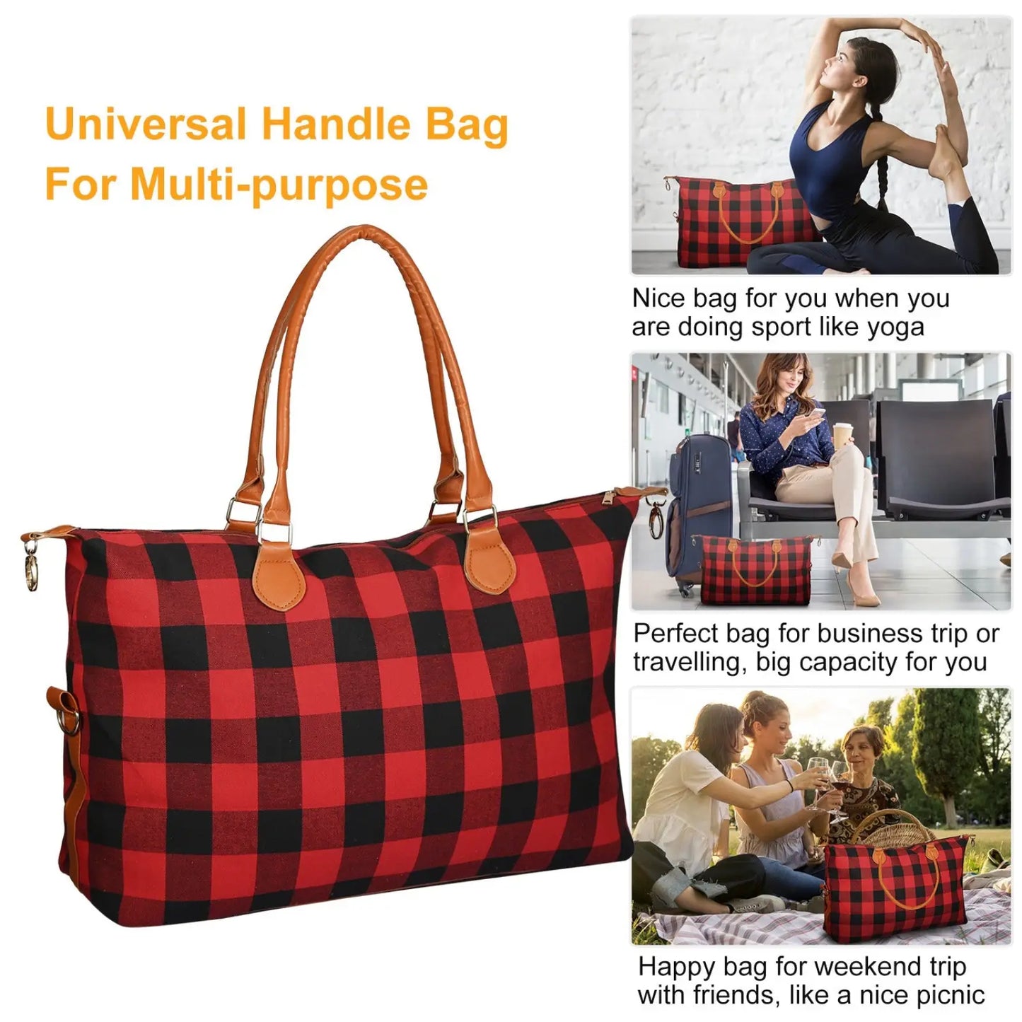 Large Canvas Duffle Bag Plaid Travel Tote Overnight Bag