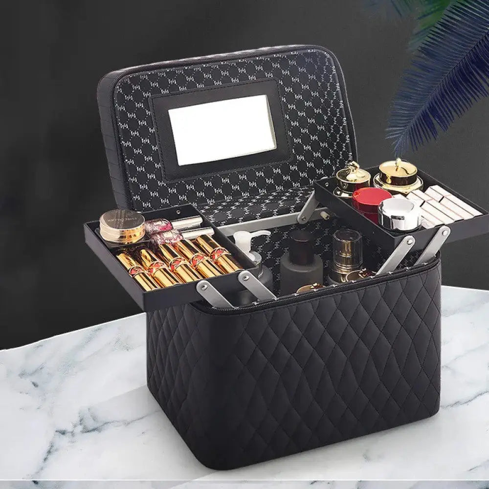 Quilted Korean Travel Cosmetic Case with Mirror