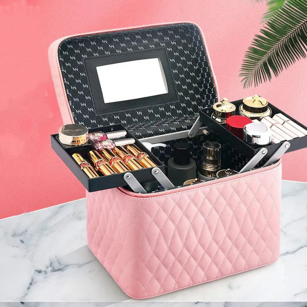 Quilted Korean Travel Cosmetic Case with Mirror