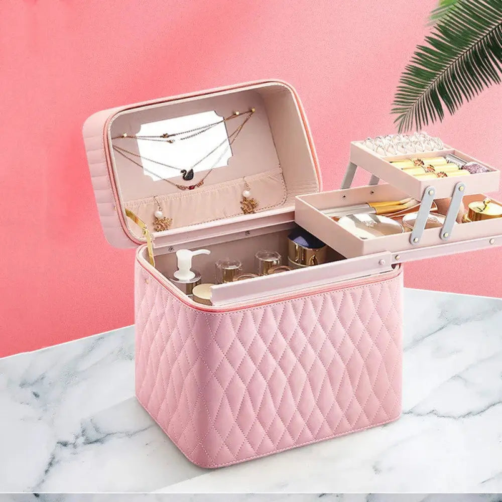 Quilted Korean Travel Cosmetic Case with Mirror