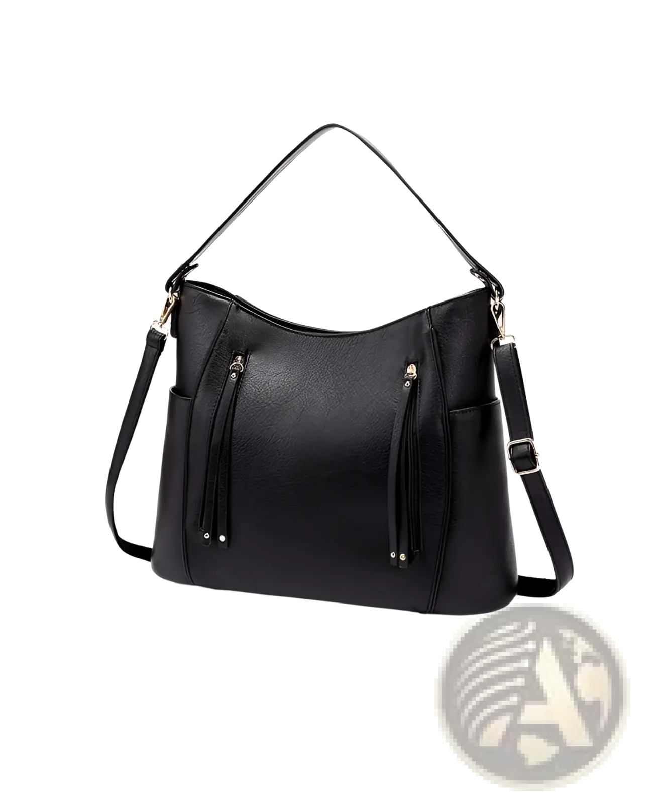 Leather Hobo Bag with Tassel and Front Zipper Pockets