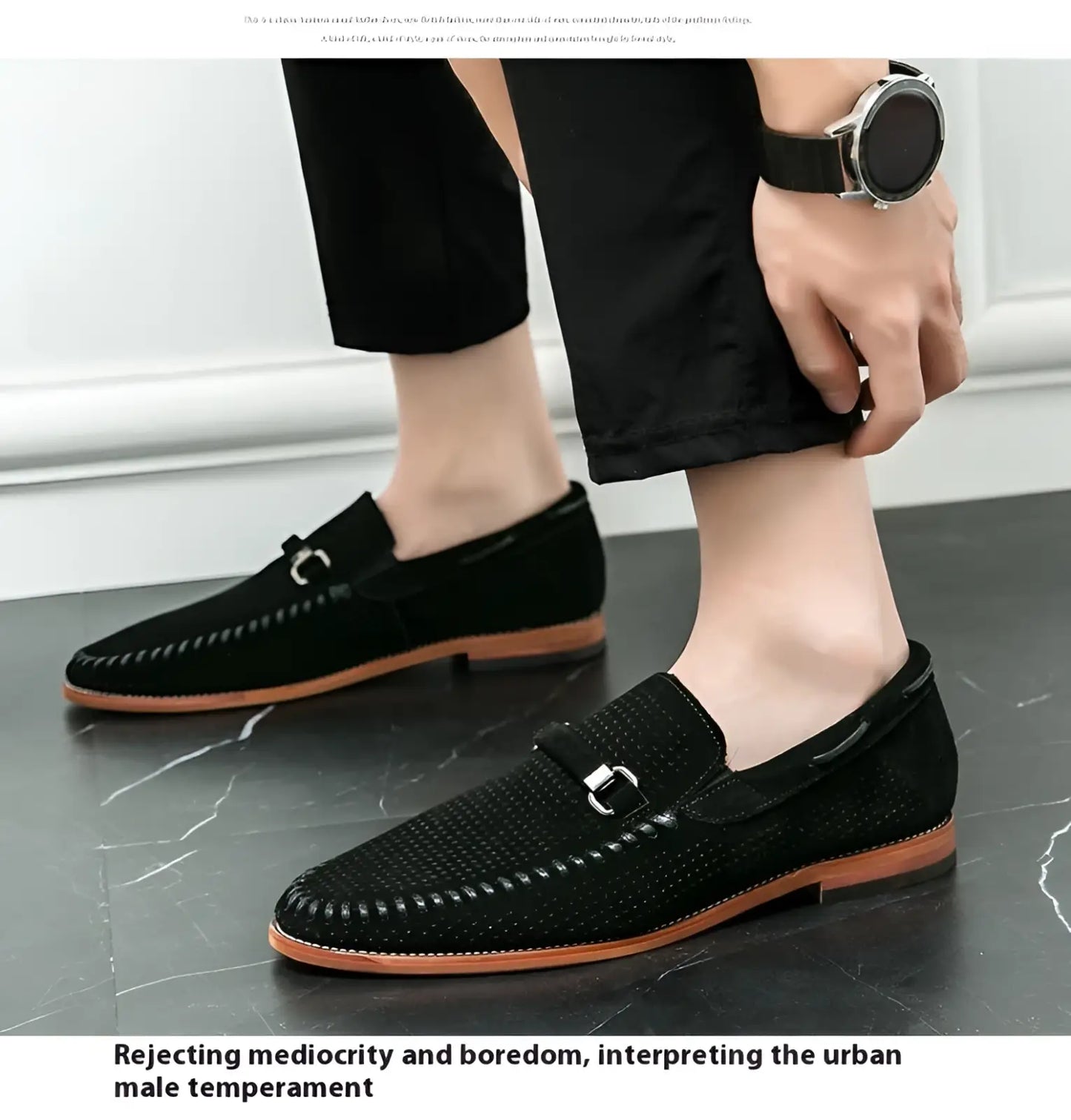 Leather Loafers Perforated Suede Slip on Shoes