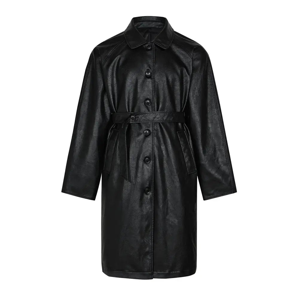Unisex Faux Leather Mid Length Trench Coat