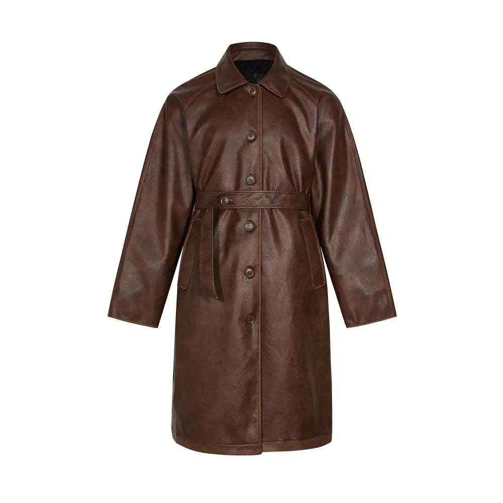 Unisex Faux Leather Mid Length Trench Coat