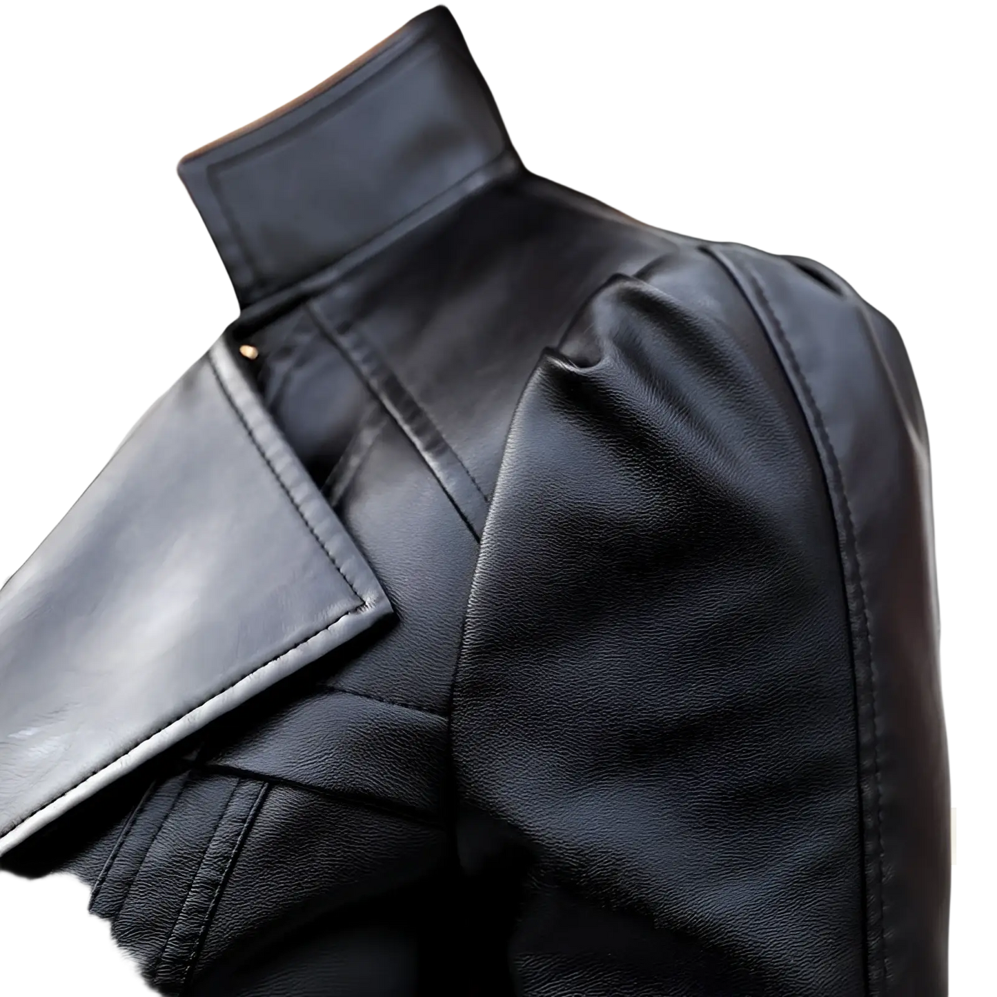 Leather Moto Jacket with High Collar and Puff Sleeves