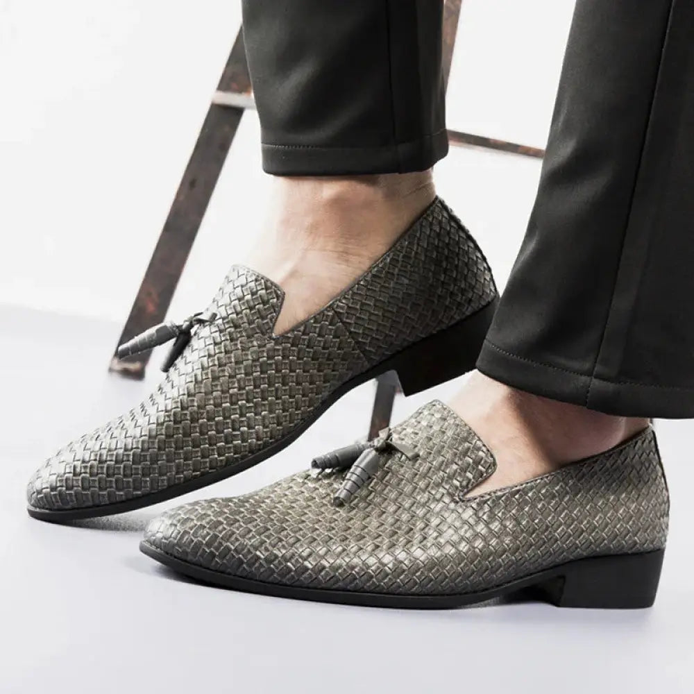 Men's Black Woven Leather Tassel Loafers