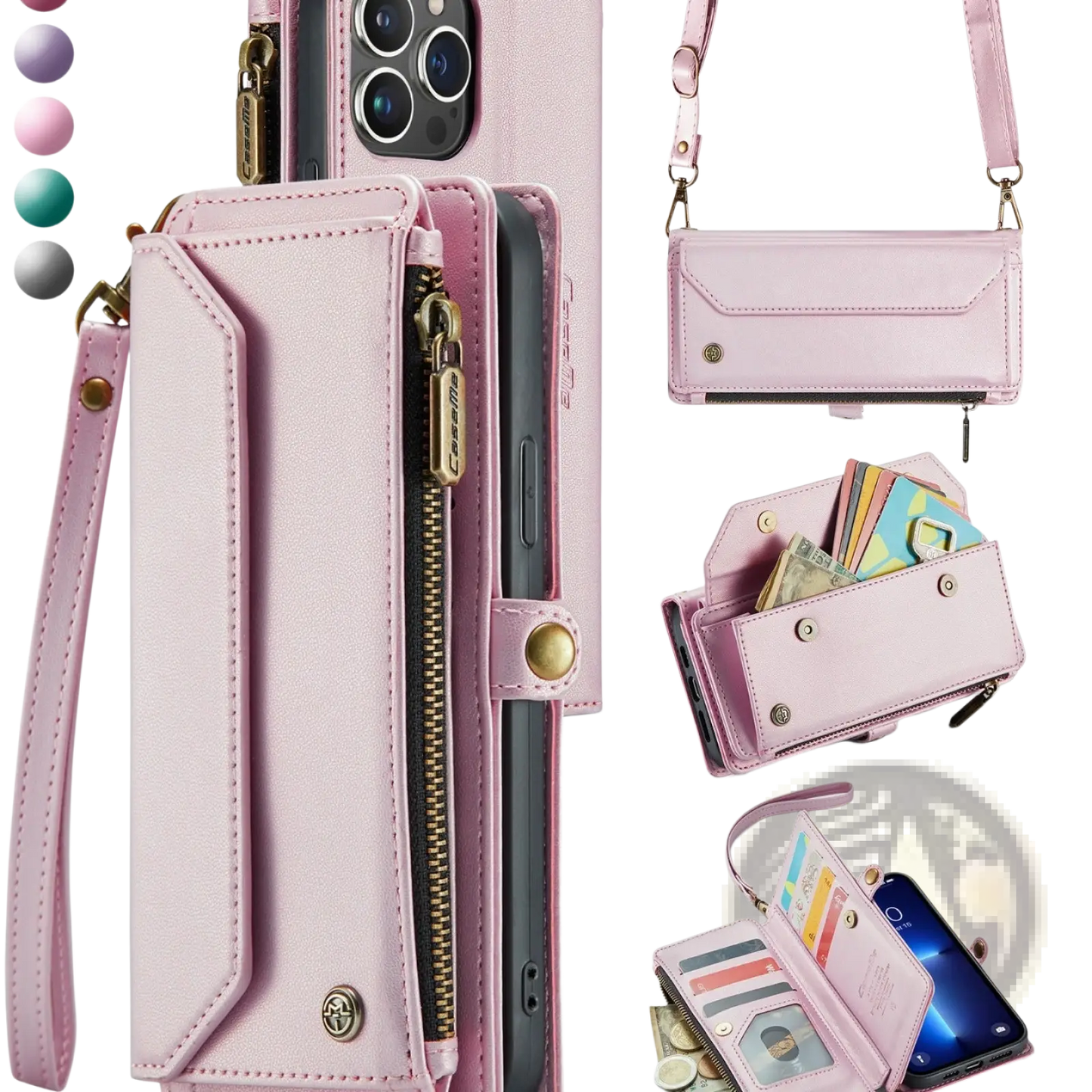 Leather Wallet Phone Case with Removable Wrist Strap