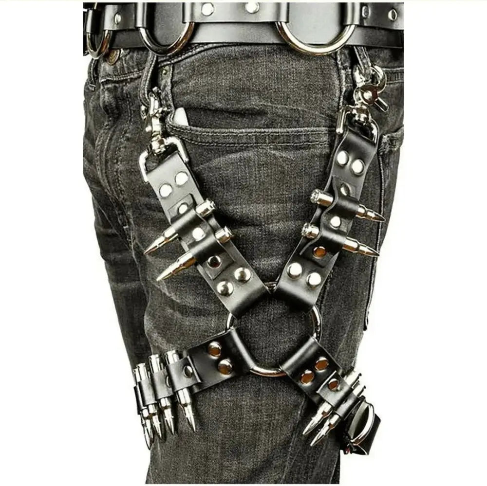 Adjustable Black Leather Hip Harness with Silver Hardware