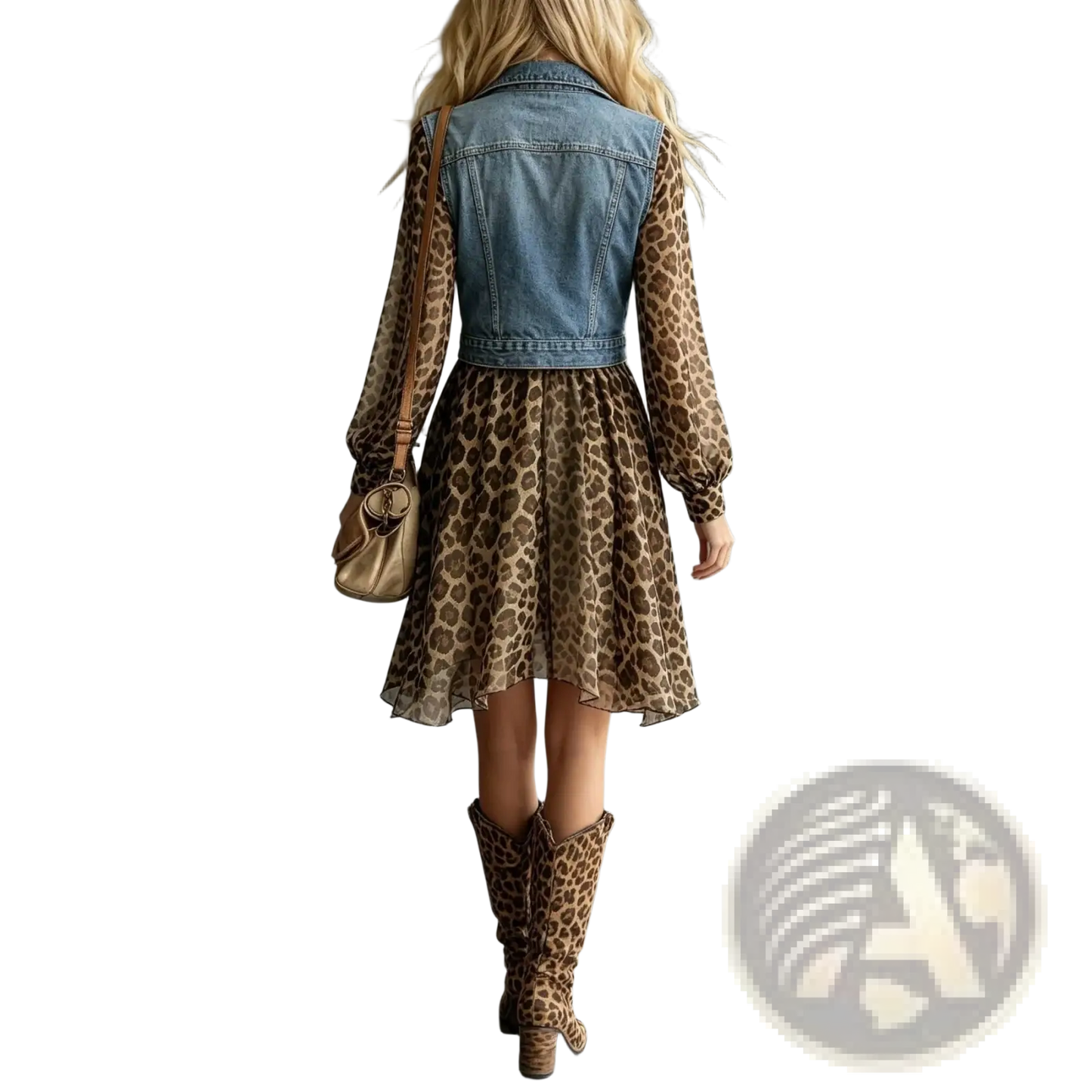 Leopard Print Chiffon Dress with Denim Vest Overlay