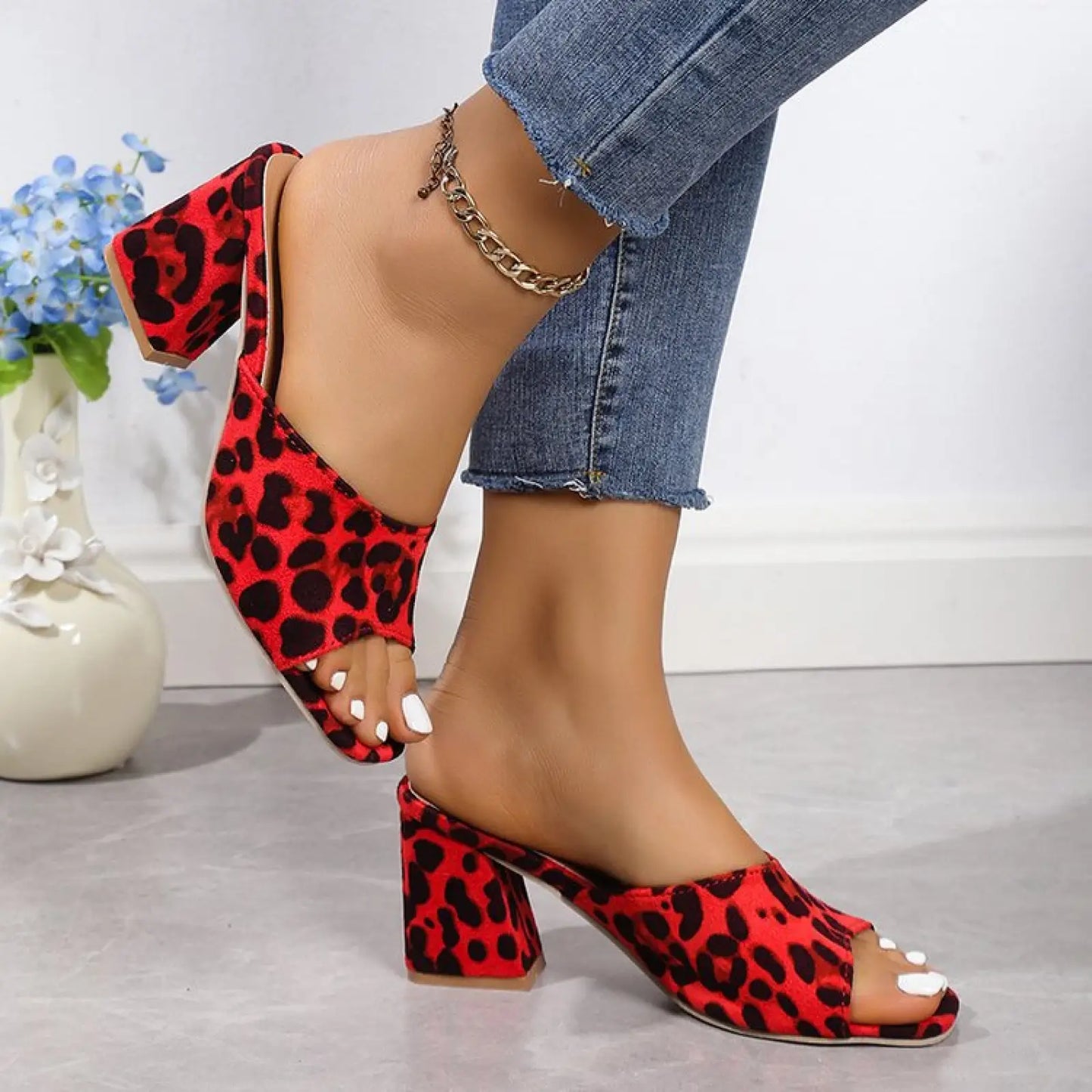 Leopard Square Toe Chunky Heel Sandals