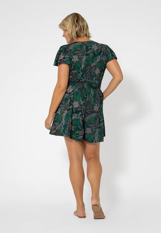 Leota Women's Tropical Print Faux Wrap Romper Green