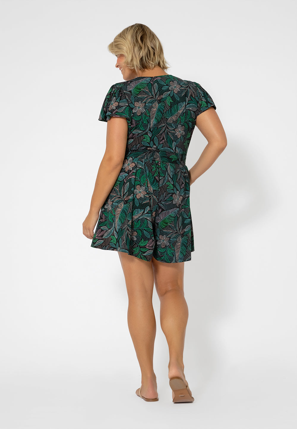 Leota Women's Tropical Print Faux Wrap Romper Green