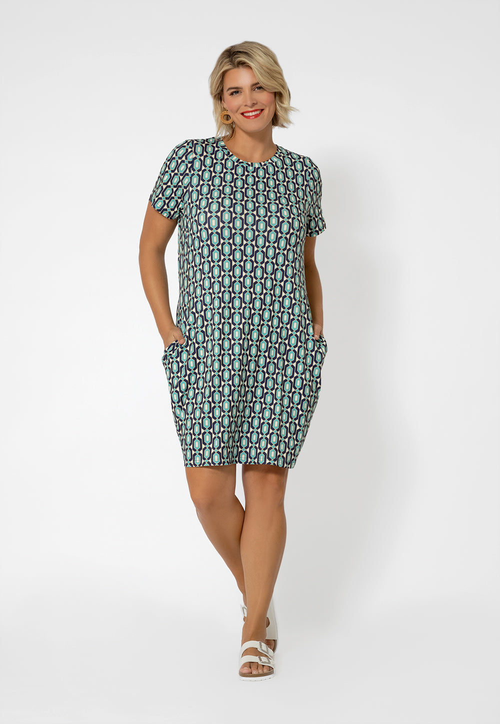 Leota Women's Print Short Sleeve T-Shirt Dress Blue Radiance